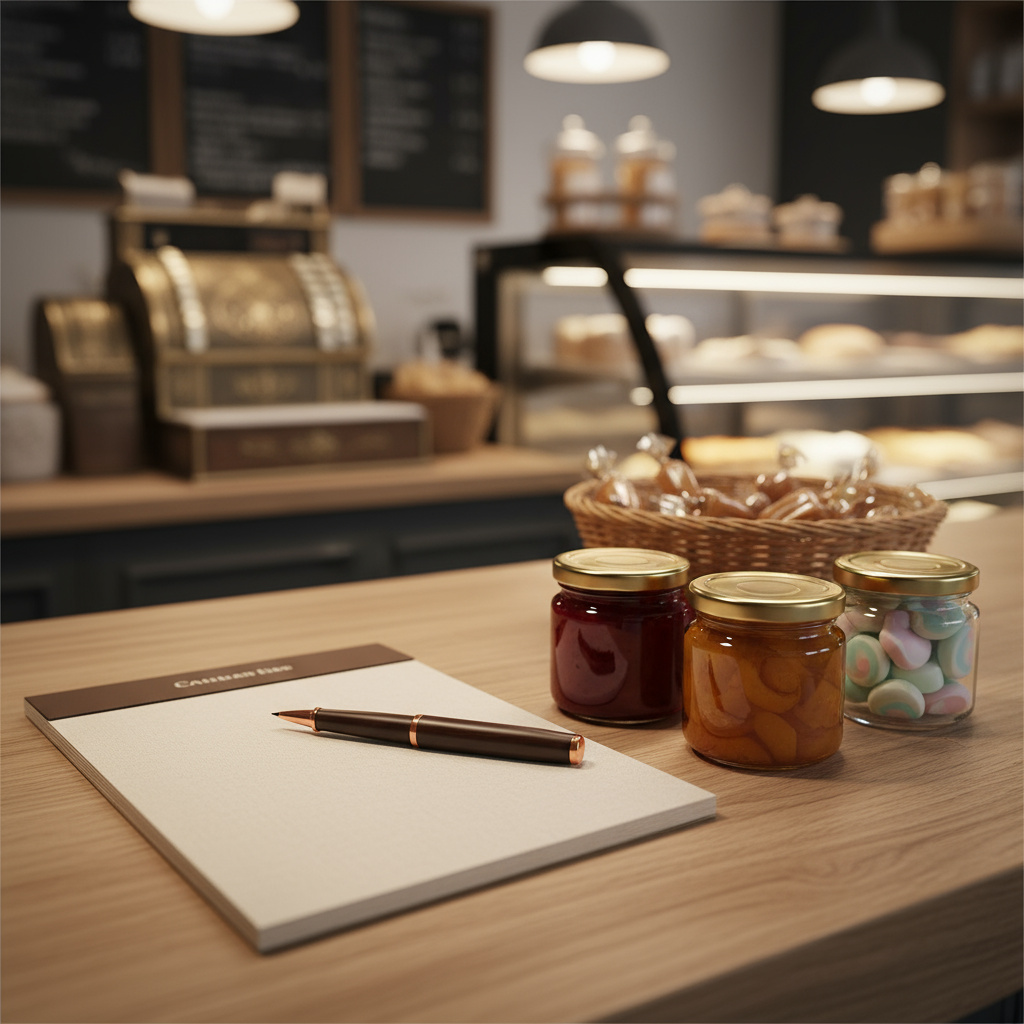 Confectionery-Anfragebereich mit Notizblock